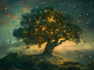 Wall Mural - Knowledge tree depicted in a fantasy landscape, with glowing leaves and mythical creatures, symbolizing the magical and boundless nature of wisdom 