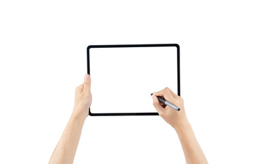 Wall Mural - A person is holding a tablet and a pen, writing on a blank screen