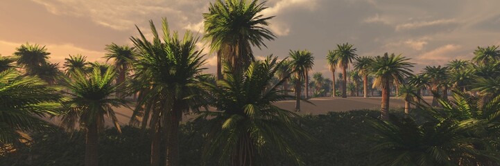 Sticker - Oasis at sunset in a sandy desert, a panorama of the desert with palm trees,
3d rendering