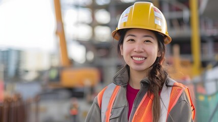 Engineer, Asian woman in construction clothes and hat smiling confidently, Portrait of female in a construction site, industry manager and building