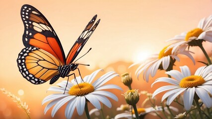 Wall Mural - Close-up of a butterfly on a daisy flower, outdoors in warm sunset light. Macro nature image for a panoramic banner