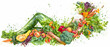 © sornram - Creative artwork of a reclining human figure made entirely of fresh vegetables and fruits, promoting healthy living and organic food.