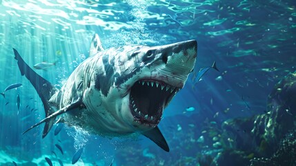 Wall Mural - Aggressive shark underwater with open mouth and sharp teeth. Digital art illustration displaying aquatic life and marine danger. Conceptual image for fear and strength. AI