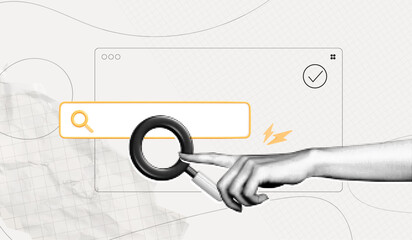 Trendy Halftone Collage Hand points to Search bar. Job for hire online. Find information in internet browser. Data base. Seo marketing concept. Cutout paper elements. Contemporary vector art