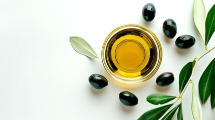 Wall Mural - Top view of olive oil in a bowl with olives and olive branches. Minimalistic and clean style. Perfect for culinary and health-themed projects. AI