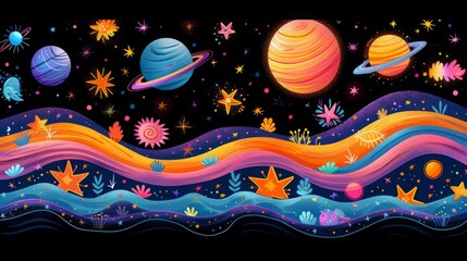 Wall Mural - cartoon style space rocket model in universe and dark space with stars and galaxy, space rocket exploration in universe space realistic illustration 