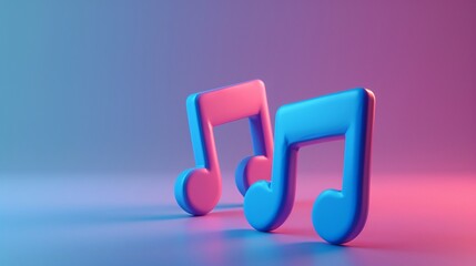 3D music note in pink and blue, isolated on gradient background. Representation of music and art, vibrant colors and modern design. 3D Illustration.