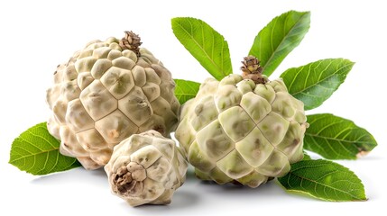 Poster - Fresh custard apples with green leaves. Healthy tropical fruit for summer. White background for easy editing. Perfect for food blogs and health articles. AI