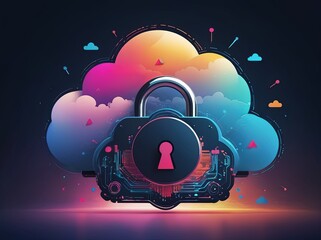 Digital Abstract illustration of cloud security services, stylized cloud icon integrated with a secure padlock symbol, representing data protection and cybersecurity in cloud computing environments
