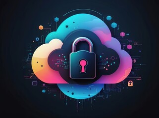 Digital Abstract illustration of cloud security services, stylized cloud icon integrated with a secure padlock symbol, representing data protection and cybersecurity in cloud computing environments
