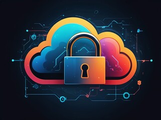 Digital Abstract illustration of cloud security services, stylized cloud icon integrated with a secure padlock symbol, representing data protection and cybersecurity in cloud computing environments
