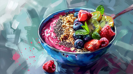 Colorful smoothie bowl topped with fresh fruits, granola, and seeds, served in a blue bowl on an abstract background.