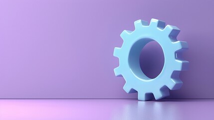 Blue gear cog leaning against a purple background. Concept of machinery, engineering, technology, and industrial design. Minimalist style. 3D Illustration.