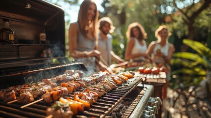 Wall Mural - Group of friends having a barbecue in a backyard.