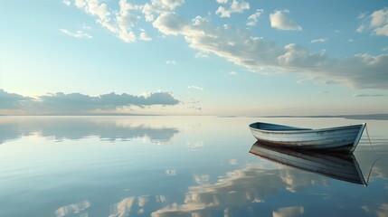 Naklejka na meble A lone boat drifting on a tranquil lake, its reflection a mirror to the peaceful sky above.