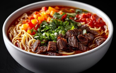 Wall Mural - A bowl of beef noodle soup with vegetables