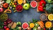 © LittleDreamStocks - Assortment of fresh fruits, vegetables, and legumes forming a frame on a dark background.