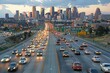 © denklim - Evening Commute on a Highway With Houston City Skyline in the Background