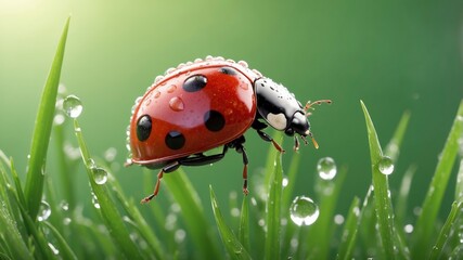 Wall Mural - Macro shot of dew and a ladybug on grass, great for wallpaper