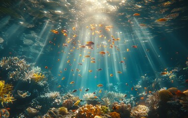 Poster - A school of fish swims in the ocean near coral