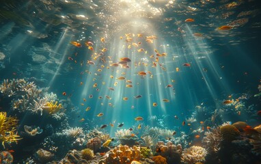 A school of fish swims in the ocean near coral