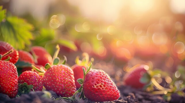 Sunlit strawberries in a garden, showcasing the beauty of ripe, fresh fruit growing in the natural environment during the golden hour.