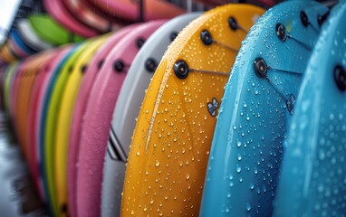 Wall Mural - A row of surfboards are lined up, some are yellow and some are blue