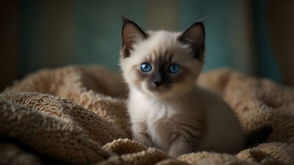 A master photographer captures the essence of cuteness in a fluffy Siamese kitten, with pale blue eyes that seem to mirror each other. The spotlight otreatn its eyes adds a touch of magic to the profe