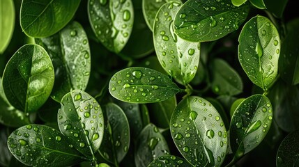 Wall Mural - Fresh green leaves with water droplets, capturing nature's beauty and freshness after rainfall.