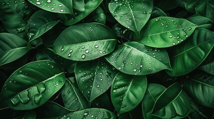 Wall Mural - Close-up of lush green leaves with water droplets, capturing the beauty and tranquility of nature. Perfect for environmental and botanical themes.