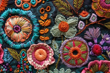 Wall Mural - Vibrant floral embroidery on dark fabric showcasing colorful threadwork and intricate designs, perfect for textile art inspiration.