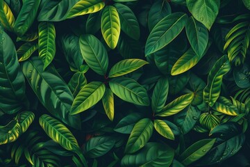 Wall Mural - Close-up shot of vibrant green tropical leaves with natural patterns, filling the frame with lush texture and rich foliage for a refreshing view.