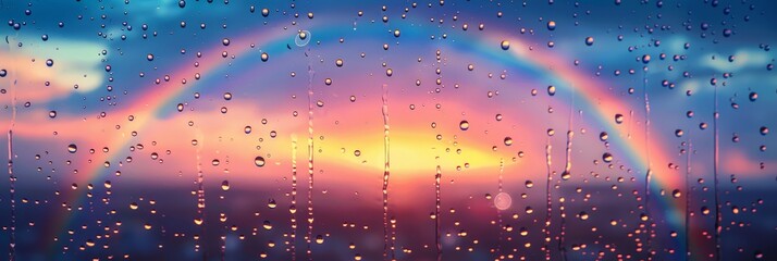 Rainbow Through Rainy Window at Sunset