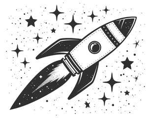 Wall Mural - Black and white illustration of a rocket flying through space with stars in the background. Flat vector illustration.