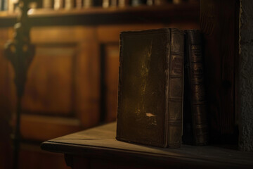 Wall Mural - an image showcasing a forbidden book hidden away in a dimly lit, ancient library, with only a sliver