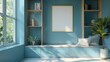 © Scott - A tranquil reading nook with a window seat and built-in bookshelves, featuring an empty mockup frame on a calming blue accent wall.