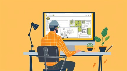 Wall Mural - Architect using CAD software on a computer, whole body, solid color background, flat style