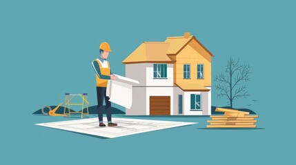 Wall Mural - Architect working on a residential project, whole body, solid color background, flat style