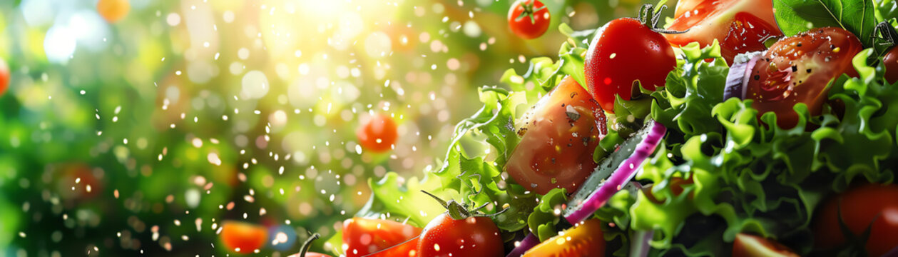 Capture a low-angle view of a vibrant salad under the sunlight, making the ingredients pop with freshness using digital techniques
