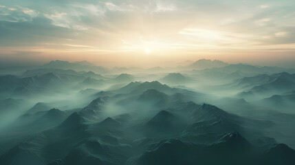 blurred backlit mountains in the distance with sunrise atmosphere