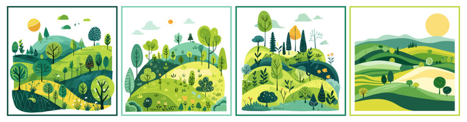 Sticker - Green summer nature poster cards. Childish naive style. Rural environment, countryside with trees and fields. Eco concept vector set