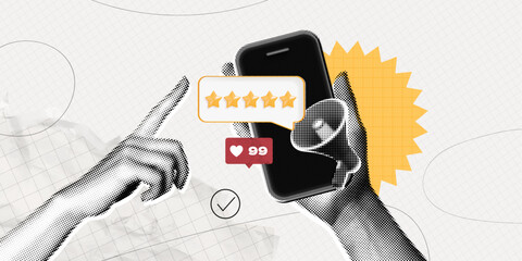 trendy halftone collage woman hand holds phone giving gold five star rating feedback. best score poi