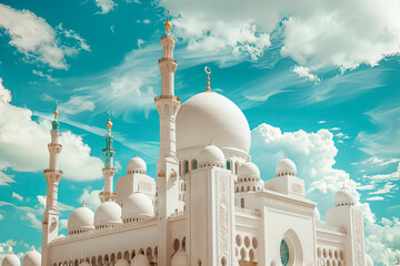 image of the architecture of a mosque with blue sky in the background