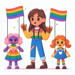 A woman holding rainbow flags is standing in front of two children holding dolls