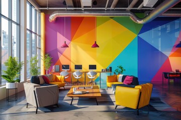 Modern interior of open co-working space with ergonomic furniture and dynamic bold colors, geometric pattern on walls