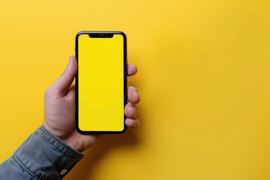 Man hand holding smartphone with blank yellow screen on yellow background. Mockup cell phone screen