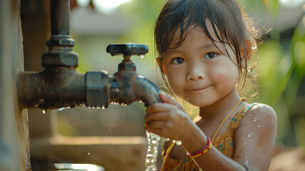 Wall Mural - Happy asian child drinking water from faucet, Environmental awareness