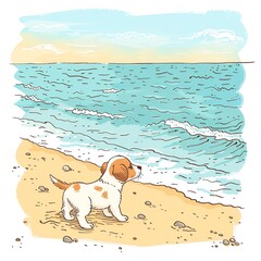 A cute puppy stands on a sandy beach, gazing out at the ocean waves.