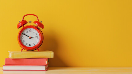 Wall Mural - Red alarm clock and books on table against yellow background with copy space for text
