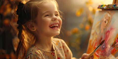 The little girl giggles as she paints her masterpiece, her brushstrokes full of joy and imagination